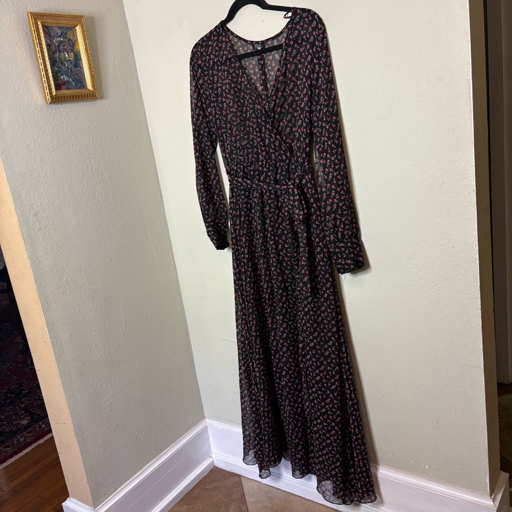 Black Long-Sleeve Floral Wrap Maxi Dress with Pink Print Size Medium - Picture 2 of 5